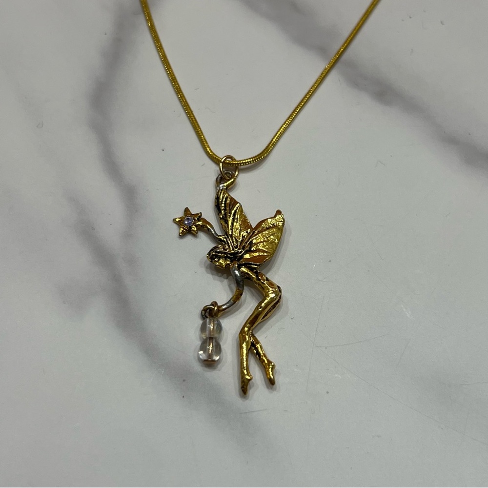 Vintage Fairy Necklace 18k Gold Plated Chain Whimsical Fantasy Boho Pendant